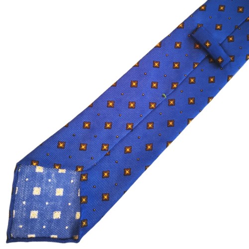 Spazio Artigianale Italian Silk Electric Blue Brown Gold Diamond Pattern Bespoke Handmade Tie 