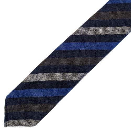 Spazio Artigianale Italian Wool Navy Tan Brown Raf Blue Striped Bespoke Handmade Tie 