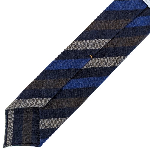 Spazio Artigianale Italian Wool Navy Tan Brown Raf Blue Striped Bespoke Handmade Tie 