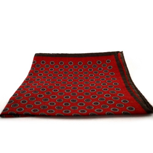 Fiorio Milano Wool Red Brown Circles Pocket Square Pochette Handkerchief