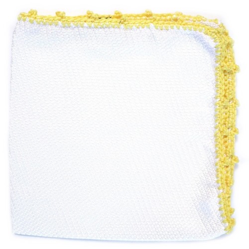 Hand Made In Italy White with Yellow Crochet Grenadine Grossa Silk Pocket Square