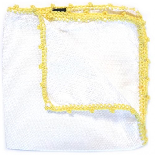 Hand Made In Italy White with Yellow Crochet Grenadine Grossa Silk Pocket Square