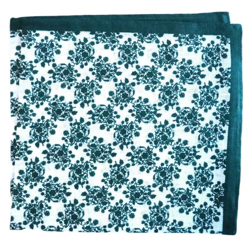 Made In Italy White Forest Green Floral Linen Pocket Square