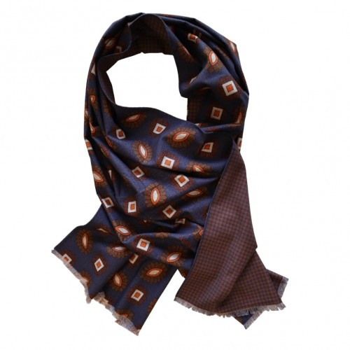 Extra Large Cashmere Touch Cotton Scarf - Navy Brown White Orange Geometric