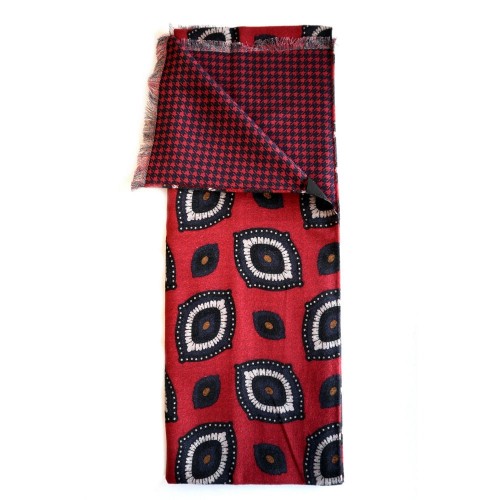 Extra Large Cashmere Touch Cotton Scarf - Red Navy Blue Tan Geometric