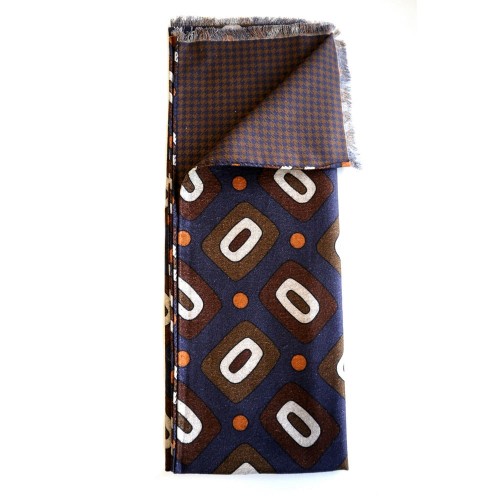 Extra Large Cashmere Touch Cotton Scarf - Navy Brown White Orange Geometric