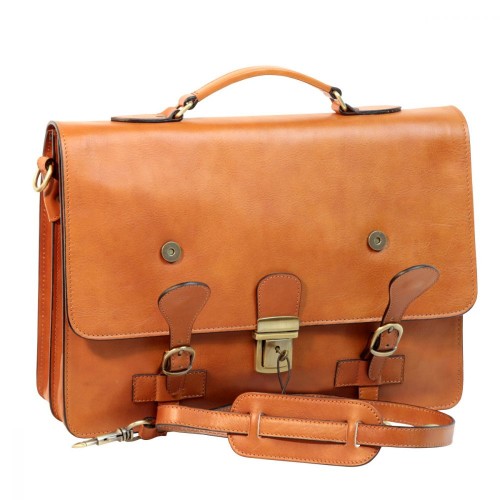 LEATHER BRIEFCASE WITH BUCKLE CLOSURES - BROWN COLONIAL