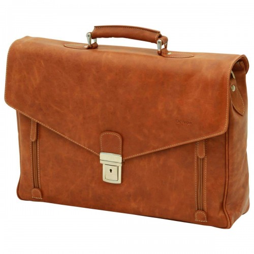 OILED CALFSKIN LEATHER LAPTOP BRIEFCASE - BROWN COLONIAL