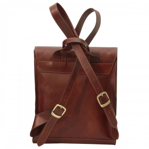 LEATHER BACKPACK WITH BUCKLE CLOSURE - BROWN