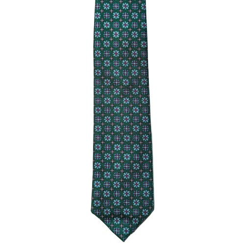 Made In Italy Pure Printed Silk Geometric Micropattern Tie - Bottle Green Sky Blue Red