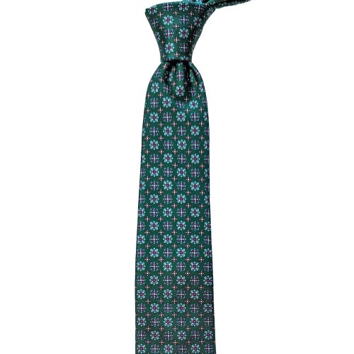 Made In Italy Pure Printed Silk Geometric Micropattern Tie - Bottle Green Sky Blue Red