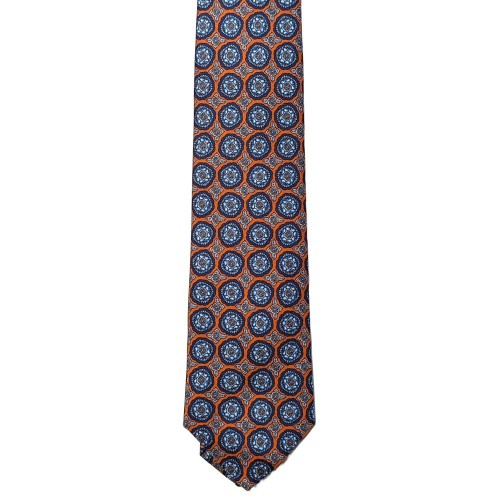 Made In Italy Pure Printed Silk Geometric Medallion Tie - Orange Sky Blue