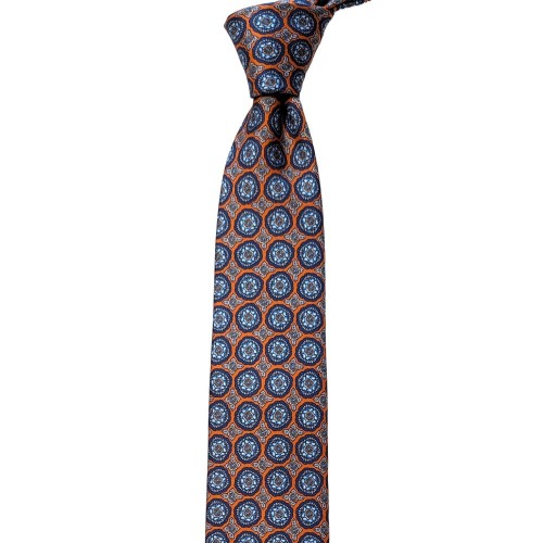 Made In Italy Pure Printed Silk Geometric Medallion Tie - Orange Sky Blue