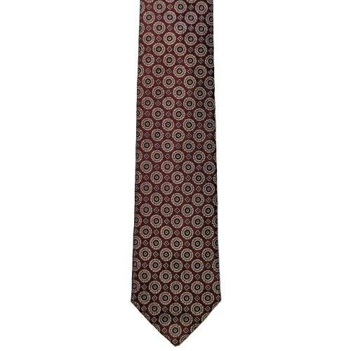 Made In Italy Pure Jacquard Silk Geometric Tie - Burgundy Tan Medallions