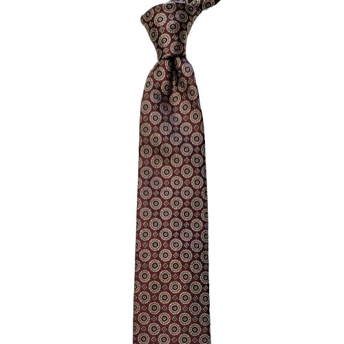 Made In Italy Pure Jacquard Silk Geometric Tie - Burgundy Tan Medallions