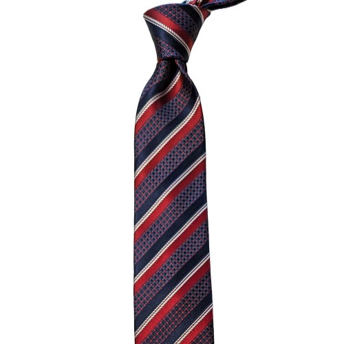 Made In Italy Pure Jacquard Silk Stripe Tie - Navy Blue Red White 