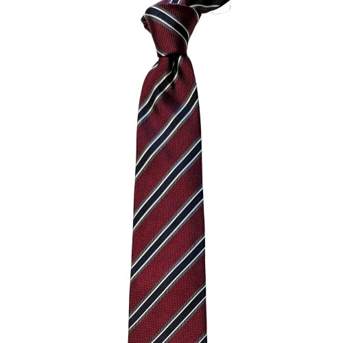 Made In Italy Pure Jacquard Silk Stripe Tie - Burgundy Navy Blue White 