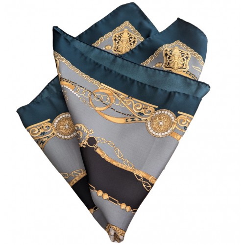 Made In Italy Teal Petrol Blue Sky Gold Silk Neck Scarf - Bandana - Vintage Chains - Nautical