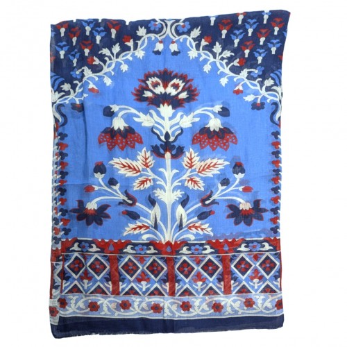 Made In Italy Linen - Silk Extra Large Pashmina Scarf - Sky Blue Navy Red Floral