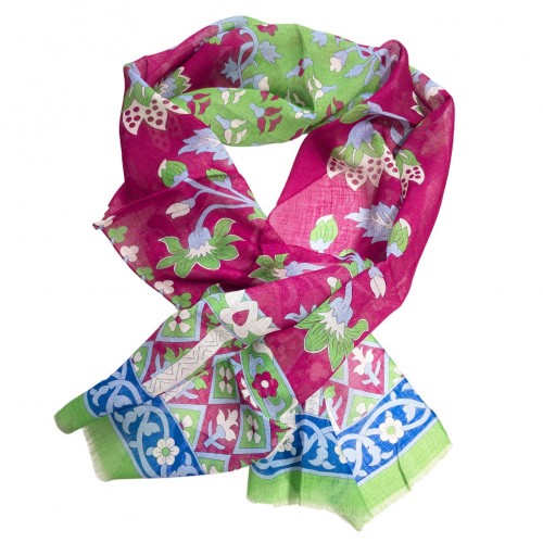 Made In Italy Linen - Silk Extra Large Pashmina Scarf - Lime Green Magenta Red Blue Floral