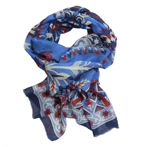 Made In Italy Linen - Silk Extra Large Pashmina Scarf - Sky Blue Navy Red Floral