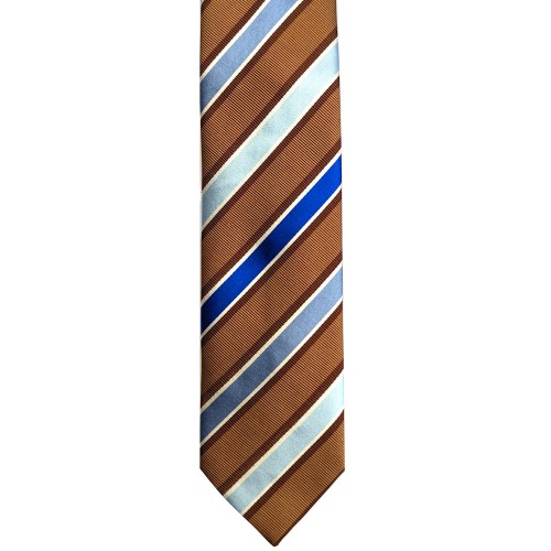 Made In Italy Pure Jacquard Silk Repp Stripe Tie - Brown Sky Blue White 