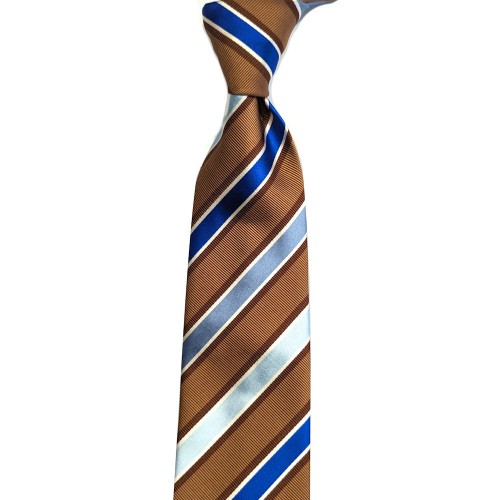 Made In Italy Pure Jacquard Silk Repp Stripe Tie - Brown Sky Blue White 