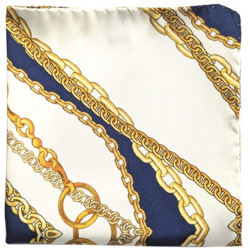 Made In Italy Blue Beige Gold Chain Pattern Silk Pocket Square