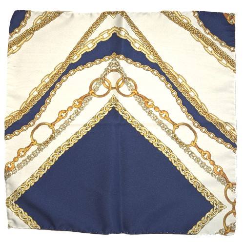 Made In Italy Blue Beige Gold Chain Pattern Silk Pocket Square