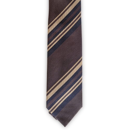 Umberto Fornari Vintage Archive Wool Handmade Striped Tie - Blue Brown Taupe - Made in Italy