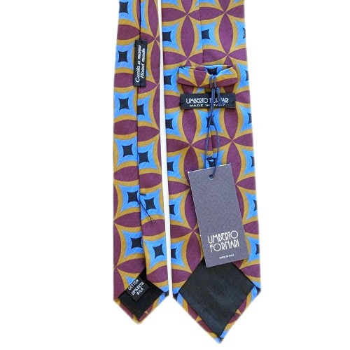 Umberto Fornari Vintage Archive Cotton Silk Handmade Geometric Tie - Sky Blue Fuchsia Tan - Made in Italy