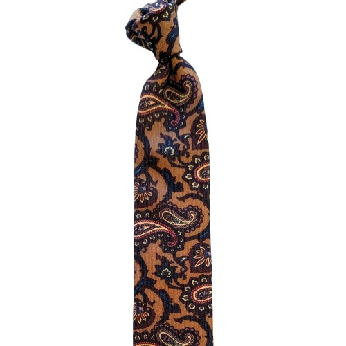 Umberto Fornari Wool Handmade Paisley Tie - Tan Burgundy Blue - Made in Italy