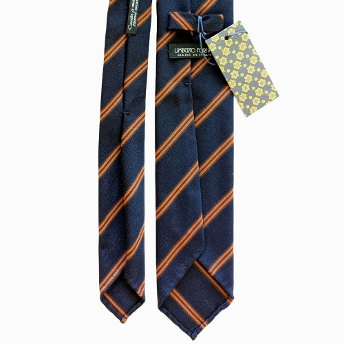 Umberto Fornari Unlined Wool Cotton Handmade Striped Tie - Navy Blue Orange - Made in Italy