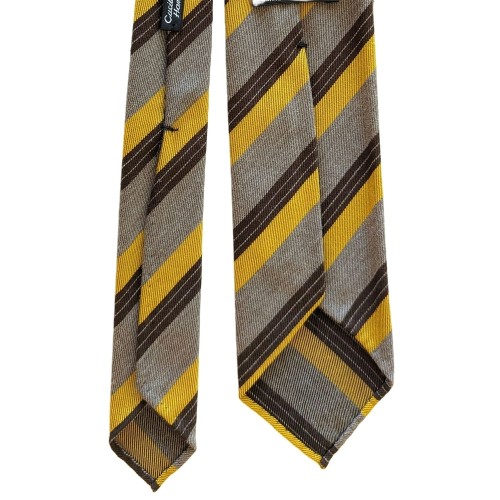 Umberto Fornari Unlined Wool Cotton Handmade Striped Tie - Tan Mustard Yellow Brown - Made in Italy