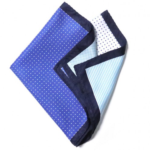 Made In Italy Midnight Blue Sky White Four Pattern Silver Pocket Square