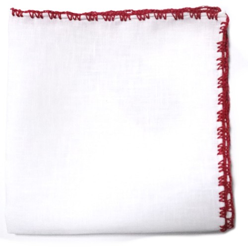 Made In Italy Linen Pocket Square with Handmade Crochet Red Edges