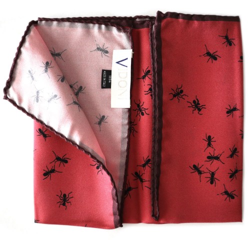 Vidoni Cremona Ant Print Silk Salmon Burgundy Black Pocket Square Pochette Handkerchief